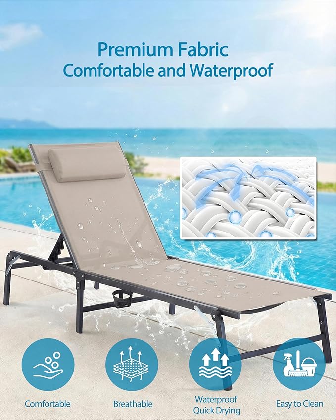 4 Pack Foldable Chaise Lounge Chair with Cup Holder, Assemble-Free Outdoor Lounge Chair with Detachable Pillow and 6 Adjustable Backrest, Patio Lounge Chair for Outside Poolside Beach Pool, Khaki