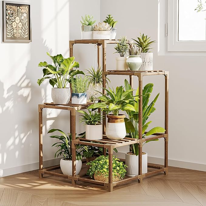 Bamworld Plant Stand Indoor Outdoor Corner Shelf Plant Holder 4-Pot Flower Stand Wood Plant Rack Indoor Multiple Plants Patio Balcony Garden Livingroom