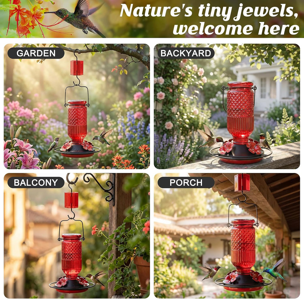 feed garden glass hummingbird feeder for outdoors, leak-resistant, package contents