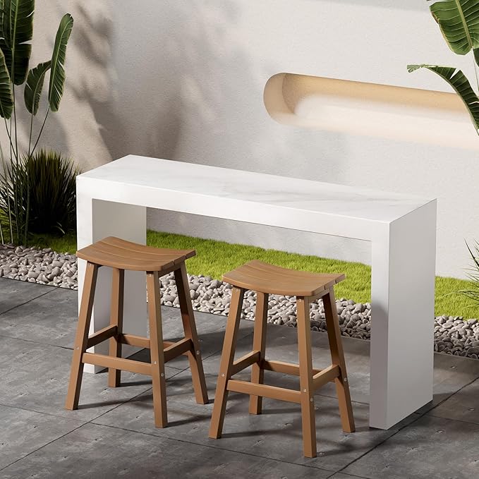 All-Weather Bar Stools Set of 2, 28" Height Outdoor Barstools with 400 lbs Weight Capacity, Looks Like Real Wood, for Bar, Kitchen Counter, Pool, and Patio, Teak