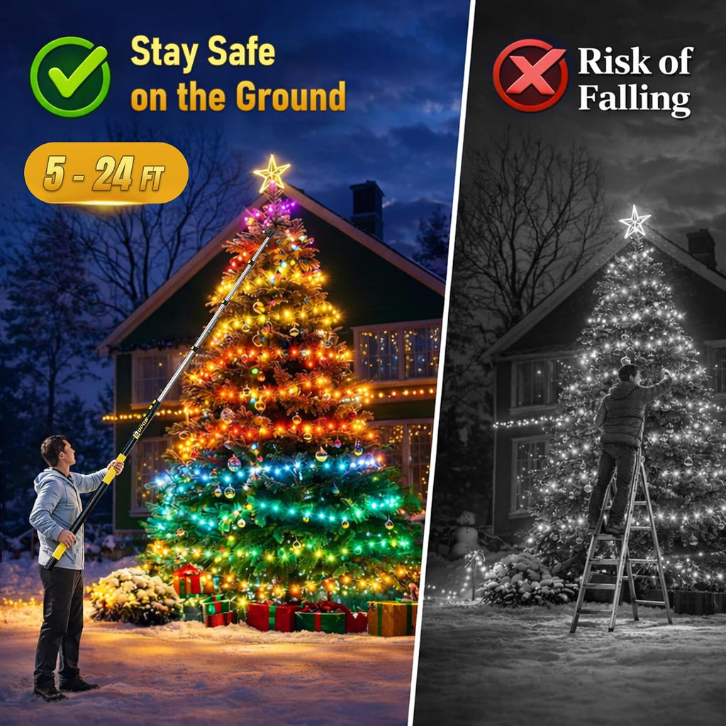 6-24ft Telescopic Extension Pole & Utility Hook for Christmas Lights | Christmas Light Pole Hanger Tool,30FT High Reach Telecoping Pole,Extendable Poles for Hanging and Installation Lights String