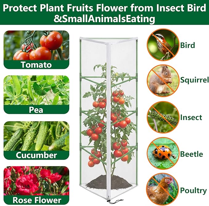 4 Pcs Garden Bird Netting for Triangle Plant Cage, 59" x 20" x 20" Tomato Cage Garden Net Cover with Zipper, Tomato Trellis Insect Bird Barrier Protection Mesh for Vertical Climbing Plant Vegetable
