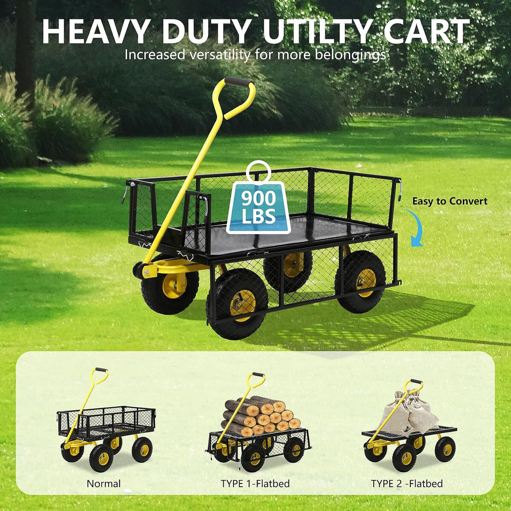 steel garden cart, 2-in-1 heavy duty utility wagon showing dimensions
