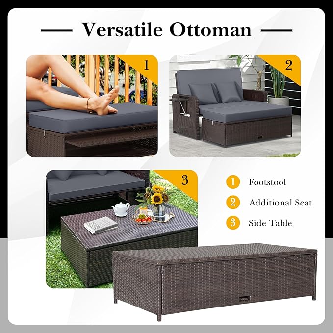 LDAILY Moccha Outdoor Daybed, Wicker Loveseat Sofa Set with 4-Postion Adjustable Backrest, Storage Ottoman, Cushions, Rattan Double Bed Lounger, Patio Furniture Set (Gray)