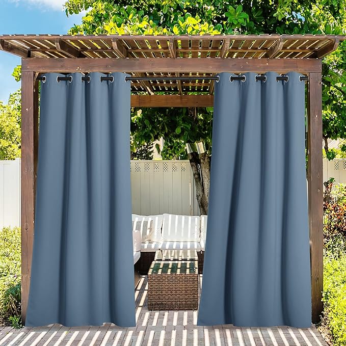 NICETOWN 2 Panels Stone Blue Blackout Outdoor Curtains for Patio Waterproof, Thermal Insulated Silver Rustproof Grommet Blackout Indoor Outdoor Curtains/Drapes for Pergola, W52 x L95