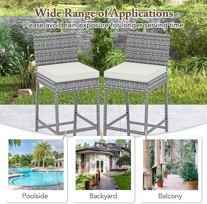 HAPPYGRILL Patio Wicker Barstools Set of 4, Outdoor Bar Height Chair w/Soft Seat Cushion & Cozy Footrest, Heavy-Duty Metal Frame, 400 lbs Max Load, Rattan Armless Bar Chairs