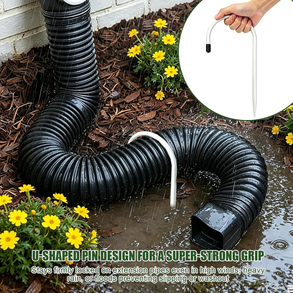 2 Pack Rain Gutter Downspout Extension Fixing Pin for 4" Round Pipes White | U-Shape Downspout Anchor Stake Holds Extension Firmly in Wind & Rain. Diverts Water From Foundation. Easy Adjust. Heavy Iron