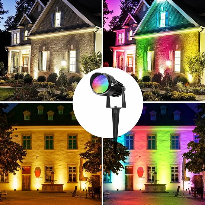 Color Changing Spotlight with Timer, 12W RGB Color Changing Spot Lights, LED IP65 Landscape Waterproof Outdoor Lights, Metal Case Spiked Stand for Garden Houses Trees Decorative(2 Pack)