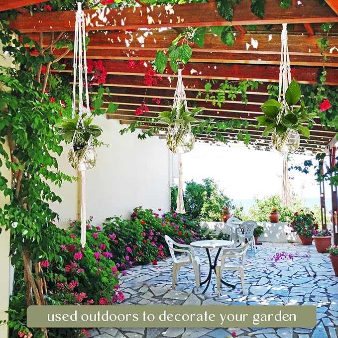 6 Pcs Boho Macrame Plant Hanger with Small Plastic Pot Hanging Plant Holder Wall Planter Propagation Station Include Hooks Kit for Indoor Home Garden Office Decor 3 Size (White)