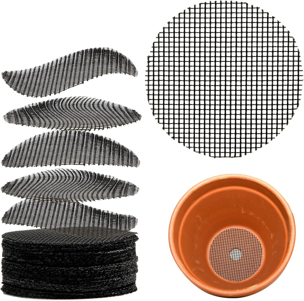 100 Plant Pots Hole Mesh Pad - MAQIHAN Drainage Mesh for Flower Pot, 2 Inch | Round Plant Mesh, Substrate Barrier, Mesh Grid Mat for Bonsai, Gardening Essentials, Prevent Soil Leaking Plant Accessories