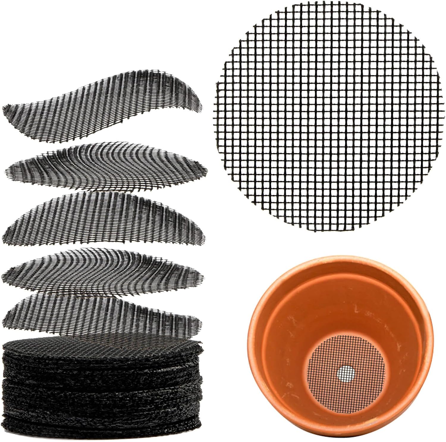 100 Plant Pots Hole Mesh Pad - MAQIHAN Drainage Mesh for Flower Pot, 2 Inch | Round Plant Mesh, Substrate Barrier, Mesh Grid Mat for Bonsai, Gardening Essentials, Prevent Soil Leaking Plant Accessories