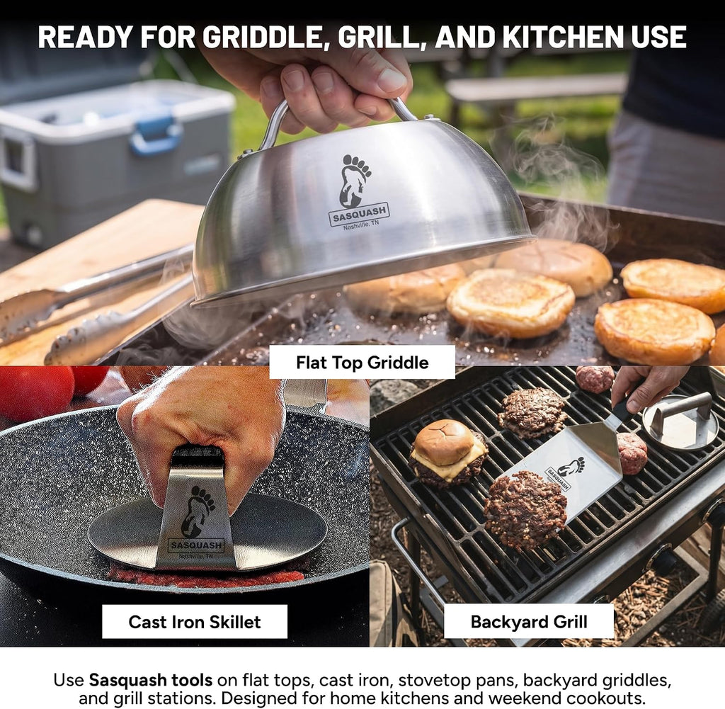Smash Press, Stainless Steel, Round Flat Bottom Tool, 6 inch | Heavy Duty Hamburger Smasher Flat Top Built For Griddle, Grill and Skillet Cooking, Backyard Kitchen Essential, Cookout Ready