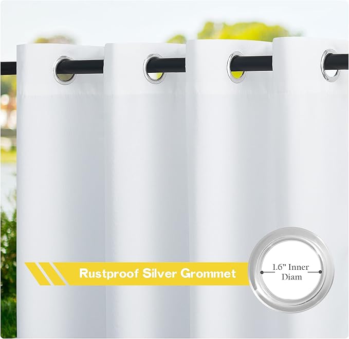 NICETOWN Canvas White Outdoor Curtains for Patio Waterproof, Silver Rustproof Grommet Top Privacy Protection Sun Block Indoor Outdoor Curtains/Drapes for Cabana, W55 by L95, 2 Panels