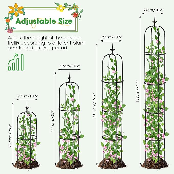 Tower Obelisk Garden Trellis for Climbing Plant，6.2FT/74.4" Rustproof Metal Potted Plant Climbing Support for Indoor Outdoor Flowers Vegetable Fruits Vines Support (2Pcs)