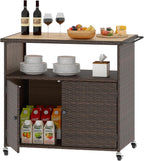 tangkula rattan outdoor storage cabinet with 4 wheels shown in use