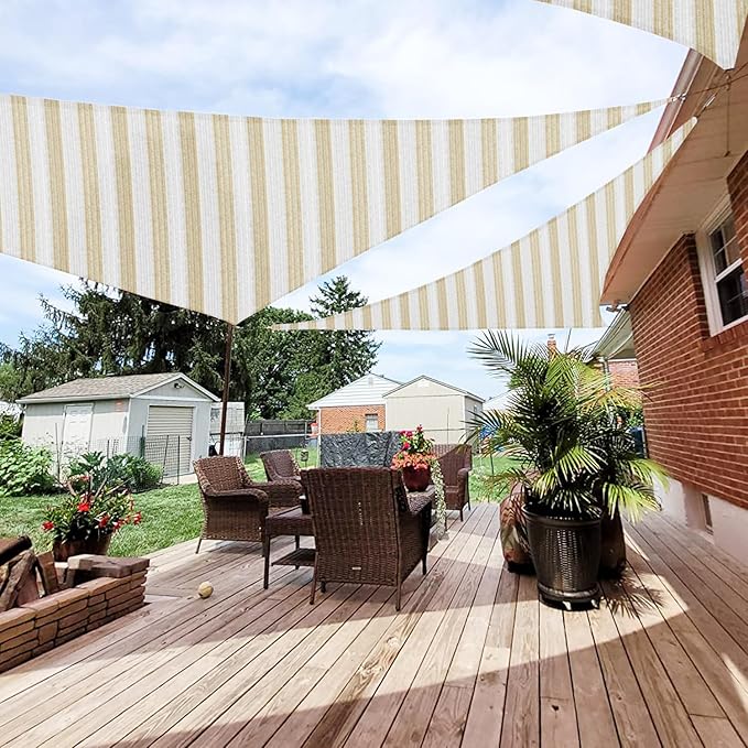 Patio Paradise 10' x 10' x 10' Sun Shade Sail Triangle Canopy Shade Cloth Fabric Sunlight Block Patio Pergola Cover HDPE Deck Awning for Outdoor Backyard Roof Shading, Beige White Strip