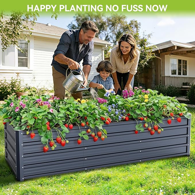 Ohuhu 8x3x1.5FT Metal Raised Garden Bed Outdoor, Reinforced Galvanized Steel Rustproof Planter Box, 100% Non-Toxic, 269 Gal Large Capacity Heavy Duty Raised Beds for Vegetables Flowers Herbs 2-Pack