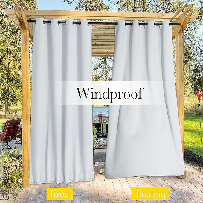 NICETOWN 2 Panels Weighted Blackout Curtains with Grommet & Back Tab on top and Bottom for Patio Waterproof, Windproof Privacy Outdoor Dividers for Cabana with Fixed Rope, W52 x L84, Greyish White