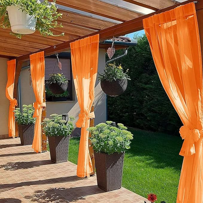 SpaceDresser Waterproof Outdoor Sheer Curtains for Patio - 4 Panels Rod Pocket Indoor Voile Sheer Curtain for Living Room,52W x 84L inch, Orange