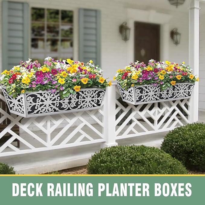 6 Pack 24 Inch Window Boxes Planter for Outdoor Plants Deck Railing Planters Box with Adjustable Brackets for Porch Fence Balcony Hanging Flower Baskets with Non-Woven Fabric Liner for Garden Decor