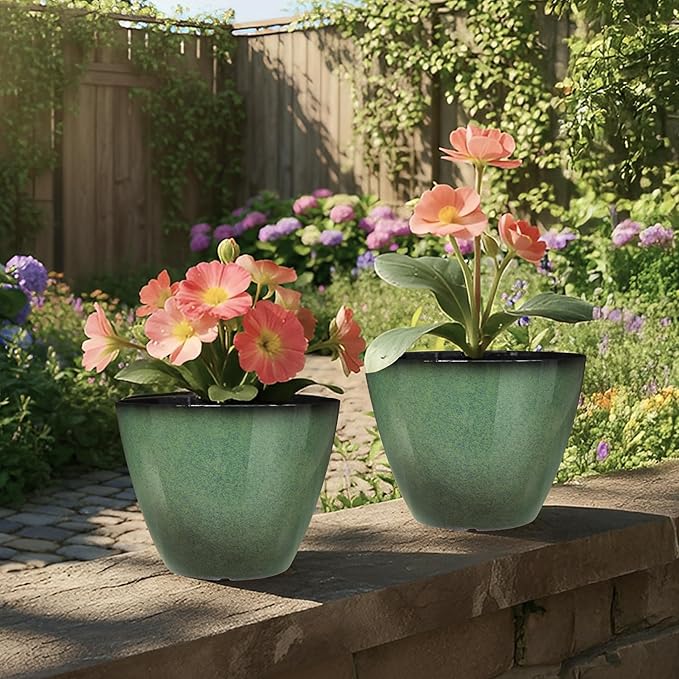 4 Pack 8 inch Plant Pots, Plastic Planter for Indoor Outdoor Plant with Drainage Holes and Saucers, Flower Pots for Garden Home Decor(Green, 4pcs)