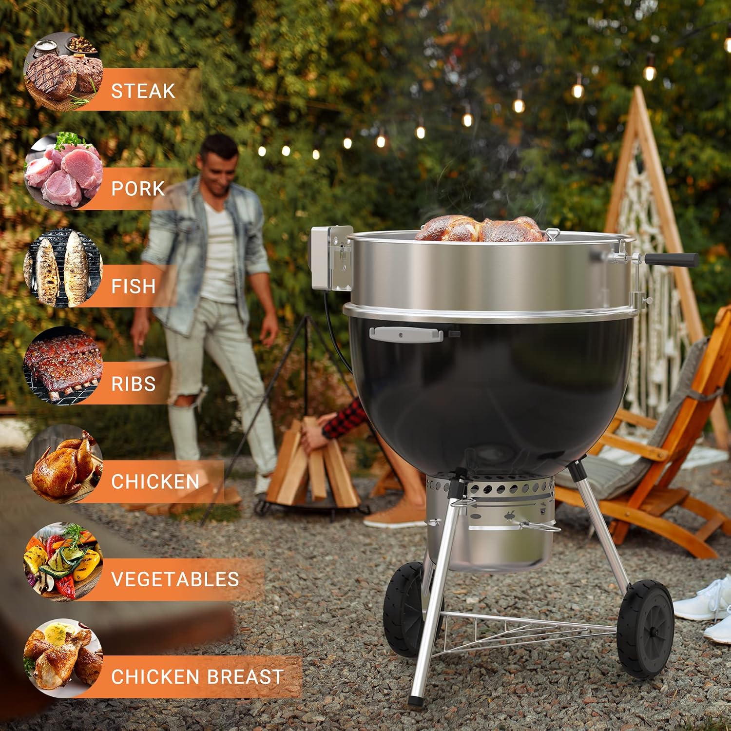 onlyfire Stainless Steel Rotisserie Ring Kit for Weber 22" Kettle Grills | Turns Your Kettle Into A Chicken Roaster