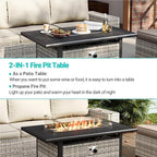 13-Piece Outdoor Patio Furniture Set with Rocking Swivel Chair, PE Wicker Rattan Sectional Sofa Patio Conversation Set with 55,000 BTU Fire Pit Table & Coffee Table, White