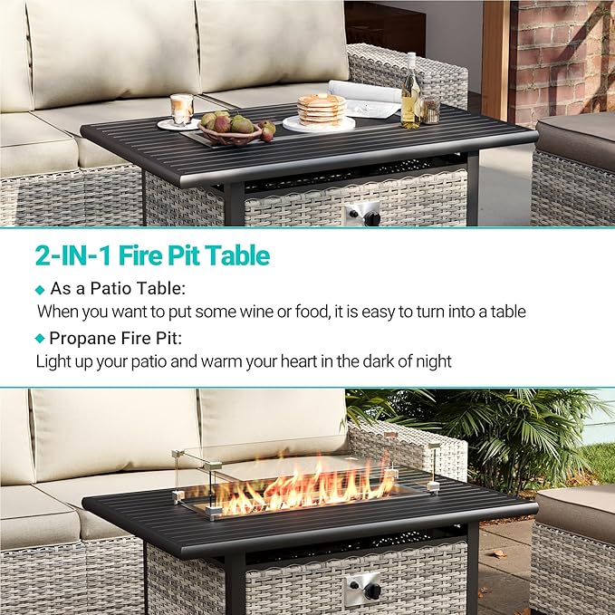 16-Piece Outdoor Patio Furniture Set with Rocking Swivel Chair, PE Wicker Rattan Sectional Sofa Patio Conversation Set with 55,000 BTU Fire Pit Table & Coffee Table, White