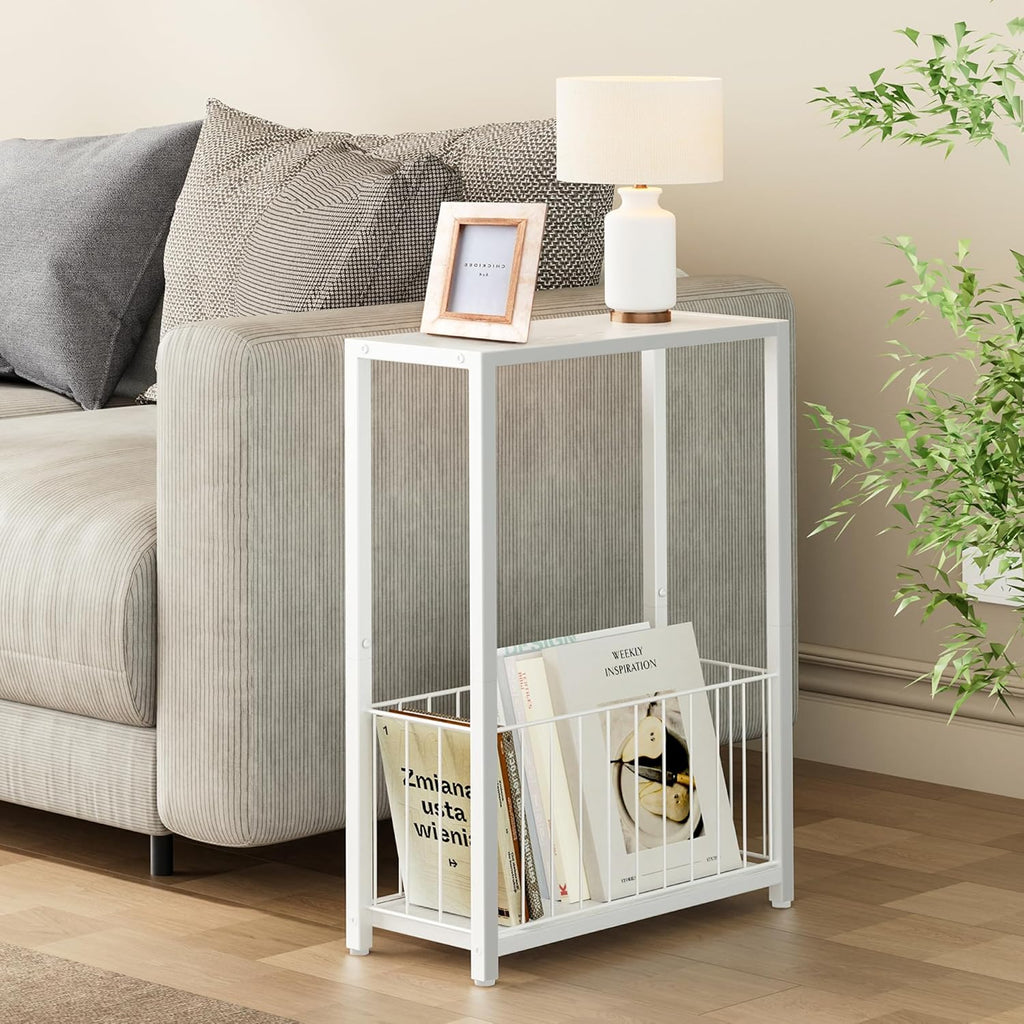 Homleke Narrow Side Table with Magazine Holder, Skinny End Table Perfect for Small Spaces, Space-Saving Design for Living Room, Bedroom, or Office, 7.1" D x 16.9" W x 23.6" H, White