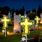 2 Pack Solar Flower Cross for Cemetery Grave, Grave Decorations for Cemetery Solar Crosses, Sympathy Memorial Gifts, for Garden Lawn Yard Patio Decor