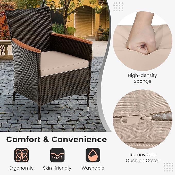 Tangkula 11 Pieces Rattan Outdoor Dining Set with 15Ft Solar Patio Umbrella for 8, Outdoor Wicker Table Set with 8 Cushioned Chairs, Acacia Wood Top, Outdoor Umbrella with Base Included