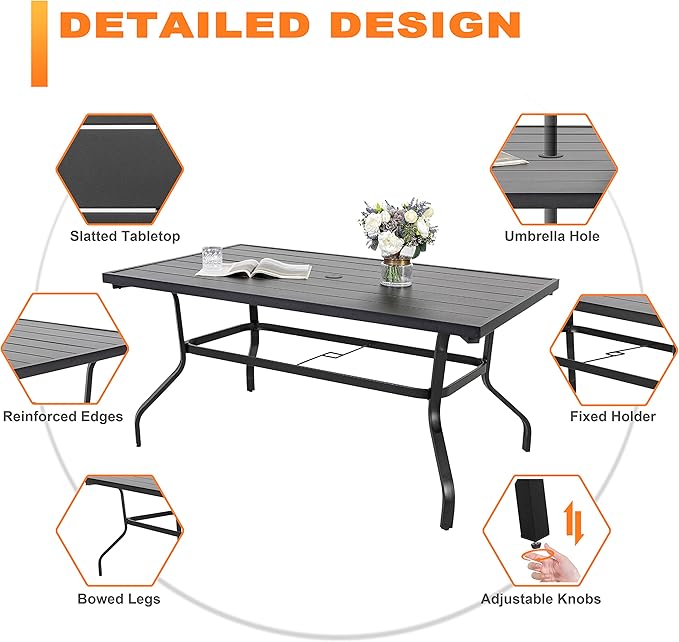 NUU GARDEN 7 Piece Outdoor Dining Set, 6 Swivel Patio Chairs and 1 Dining Table with 1.57 Inch Umbrella Hole, Iron Patio Furniture Set for Lawn Backyard Balcony, Black and Brown