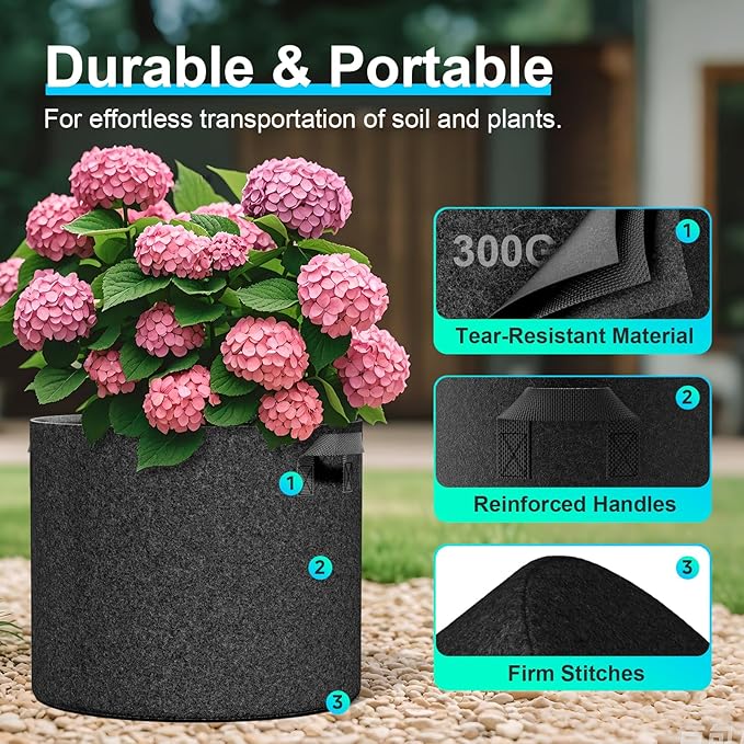 Land Guard 4-Pack Fabric Grow Bags 5 Gallon, Thickened Nonwoven Garden Pots, Growing Bags with Handles, Black