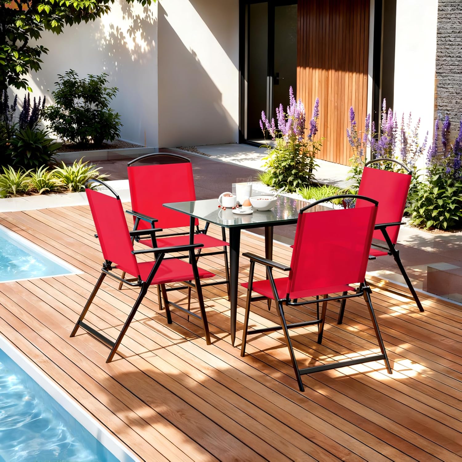 Outdoor Folding Patio Chairs, Set of 2, Red | Textilene Fabric, Portable Foldable Metal Frame, 250lb Capacity, For Garden, Pool, Backyard, Lawn, Camping