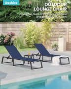 Aluminum Chaise Lounge Outdoor Set of 2, Foldable & Assembly Free Patio Pool Lounge Chairs 5-Position Recliner for Outside Poolside, Fully Grounded Legs Sun Lounger for Beach, Yard, Navy Blue
