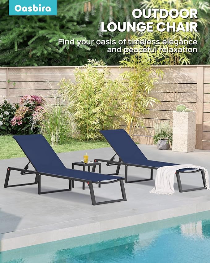 Aluminum Chaise Lounge Outdoor Set of 2, Foldable & Assembly Free Patio Pool Lounge Chairs 5-Position Recliner for Outside Poolside, Fully Grounded Legs Sun Lounger for Beach, Yard, Navy Blue