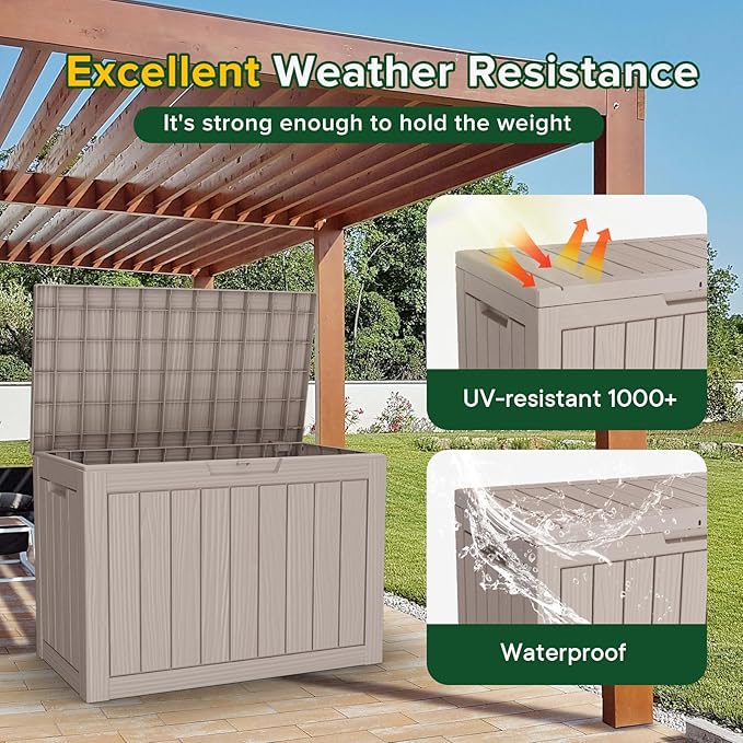 DRATO 45 Gallon Deck Box, Outdoor Storage Box for Patio Furniture, Patio Cushions, Gardening Tools, Pool Supplies 480lbs Weight Capacity,Waterproof Resin Storage Boxes（Grey，45 Gallon）