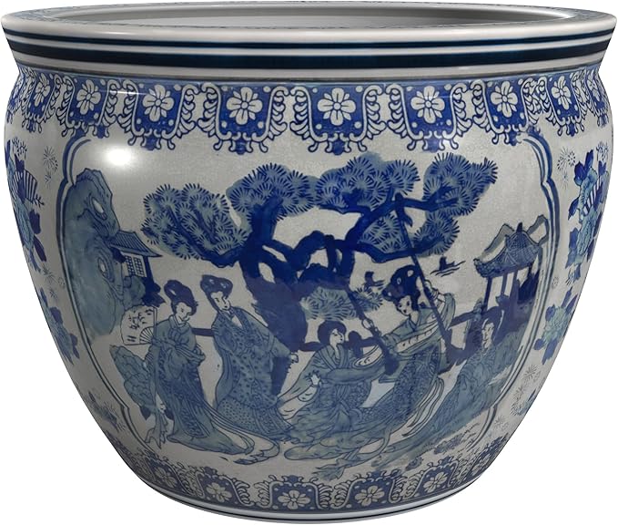 Red Lantern Large 20" Ladies Blue & White Porcelain Fishbowl Planter or Cachepot for Indoor/Outdoor Use in Garden Entryway Living Room Boho Eclectic Modern Contemporary Classic Traditional Style Decor