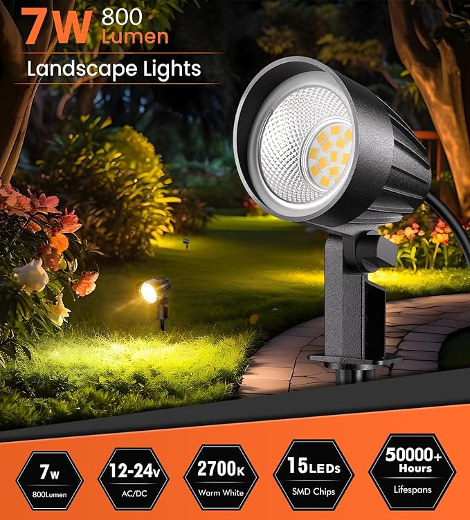 MEIKEE 7W LED Landscape Lights, 12V/24V Low Voltage Landscape Lighting IP66 Outdoor Spotlights Warm White Garden Lights with Connectors for Pathway Yard Patio 12 Pack