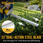 20v cordless hedge trimmer, 22-inch blade, 2 x shown in use