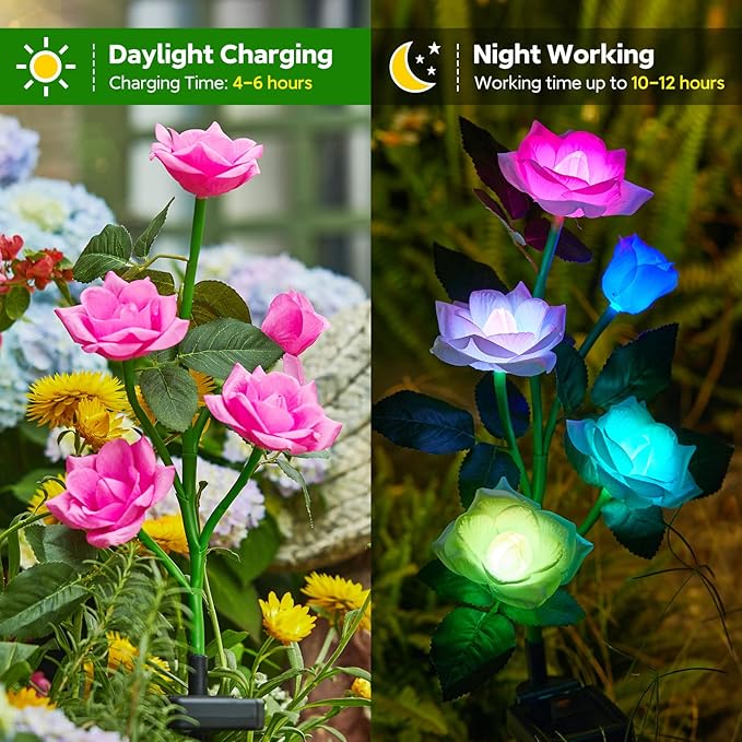 RECHOO Solar Garden Lights Outdoor Decorative, 3 Pack Solar Flower Lights with 15 Rose Flowers, Multi-Color Changing LED Waterproof Garden Decor for Landscape Pathway, Mother's Day Gifts for Women