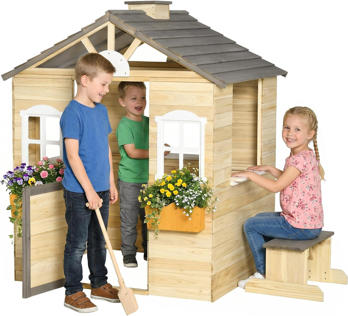 outsunny outdoor playhouse working door windows bench for, main product view