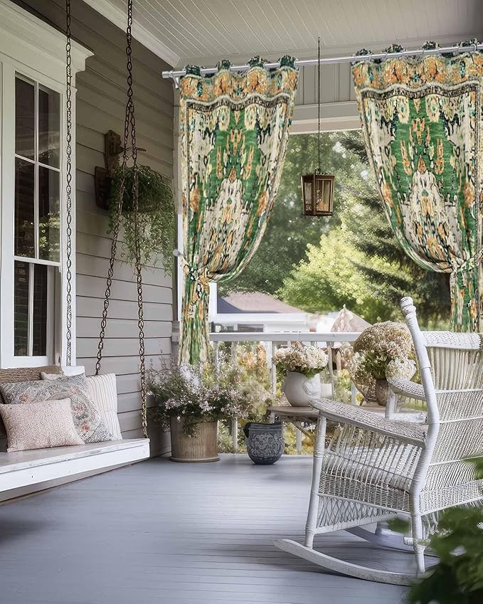 Ombre Green Boho Outdoor Curtains for Patio Waterproof, Grommet Privacy Curtain Drapes Weatherproof Outside Curtains for Porch GazeboPergola Cabana 1 Panel 54x84inch Vintage Ethnic Tribal Geometric