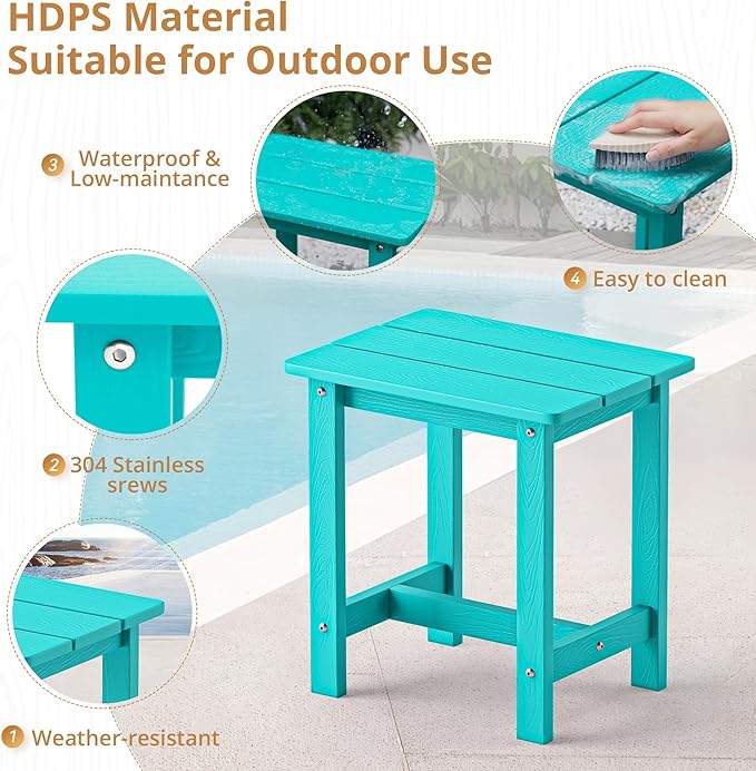 LUE BONA Outdoor Side Table Set of 2, HDPS Small Outdoor Table, Adirondack Side Table, Outside End Table for Patio, Deck, Pool, Weather Resistant/Easy Maintenance, Aruba Blue