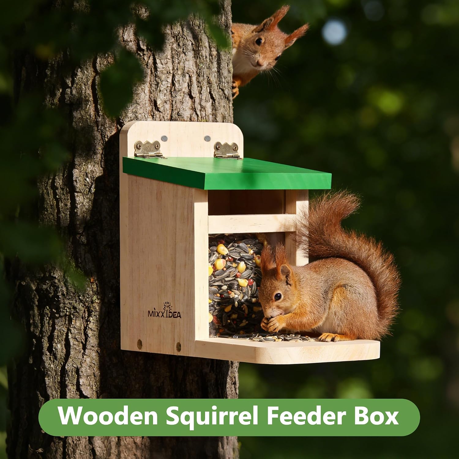 Squirrel Feeders for Outside Garden, Wooden Squirrel Feeder Box,Squirrel Feeding Stations with Green Cover, Easy to Fill Squirrel Feeding House(Green-1pk)