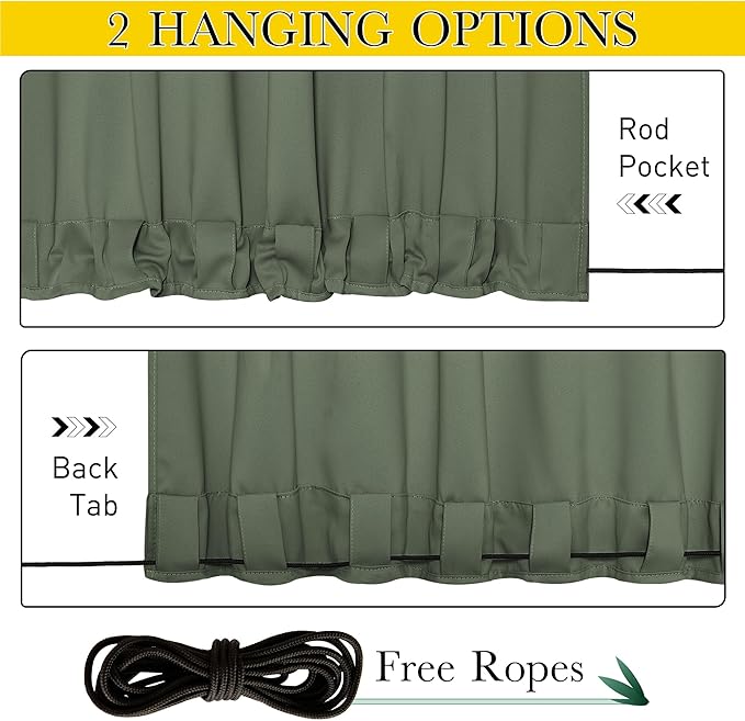 NICETOWN 2 Panels Weighted Blackout Outdoor Curtains for Patio Waterproof, Grommet & Back Tab on top and Bottom Windproof Privacy Thermal Drapes for Cabana with Fixed Rope, W52 x L95, Greyish Green