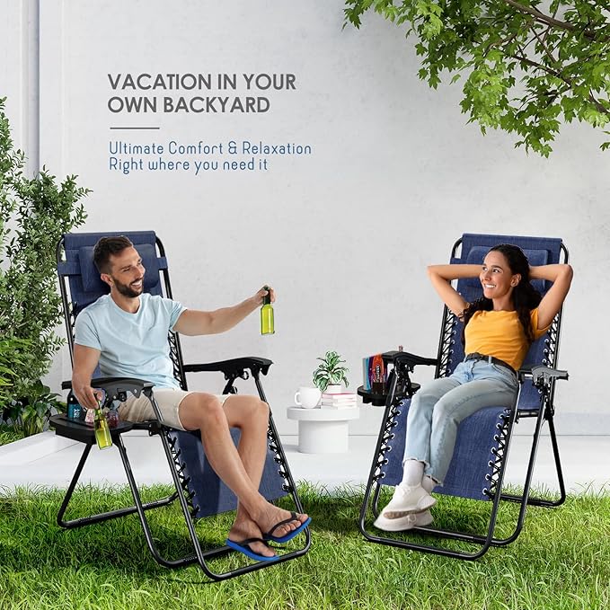 Nestl Zero Gravity Chairs Set of 4, Patio Lounge Chair Outdoor with Pillows & Cup Holder Trays, Adjustable Steel Mesh Reclining Camping Chair, Folding Patio Lawn Chair for Deck, Beach, Yard - Blue