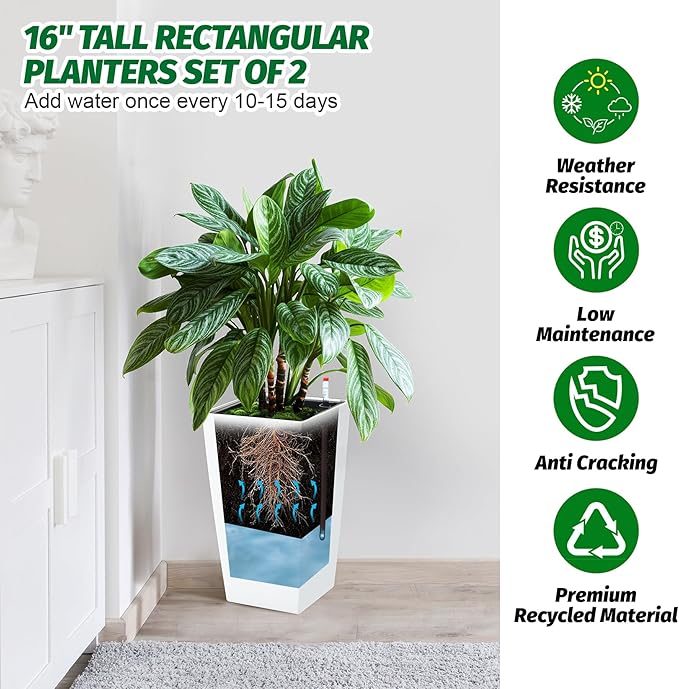 Garvee 16" Tall Planters Set of 2, Outdoor＆Indoor Black Planter Pots, High Front Porch Planter Pots with Drainage Holes＆Water Level Monitor＆Inner Bucket,White