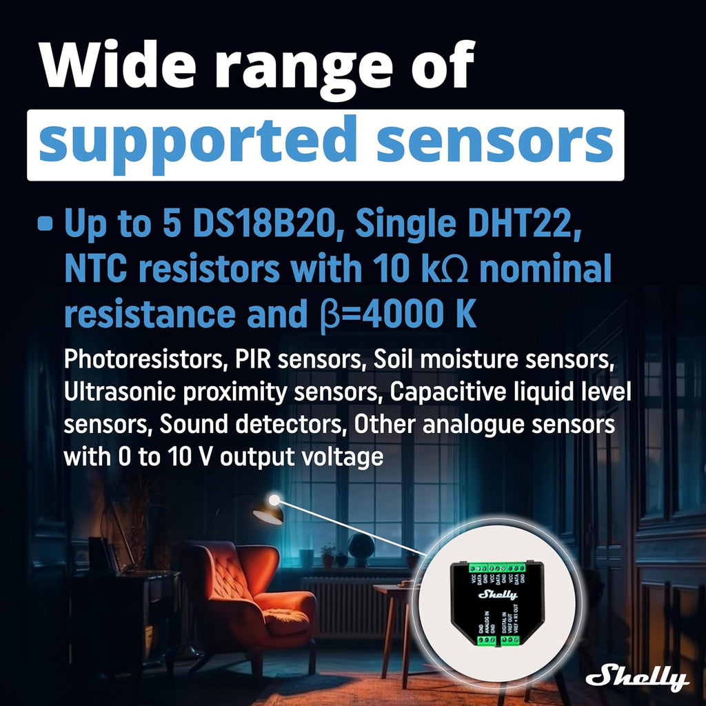 Shelly Plus Add-On | Wi-Fi & Bluetooth Add-On for Shelly Plus Devices | Measure Temperature and Humidity | Home Automation | Works with Alexa & Google Home | iOS Android App | No Hub | Digital Sensor