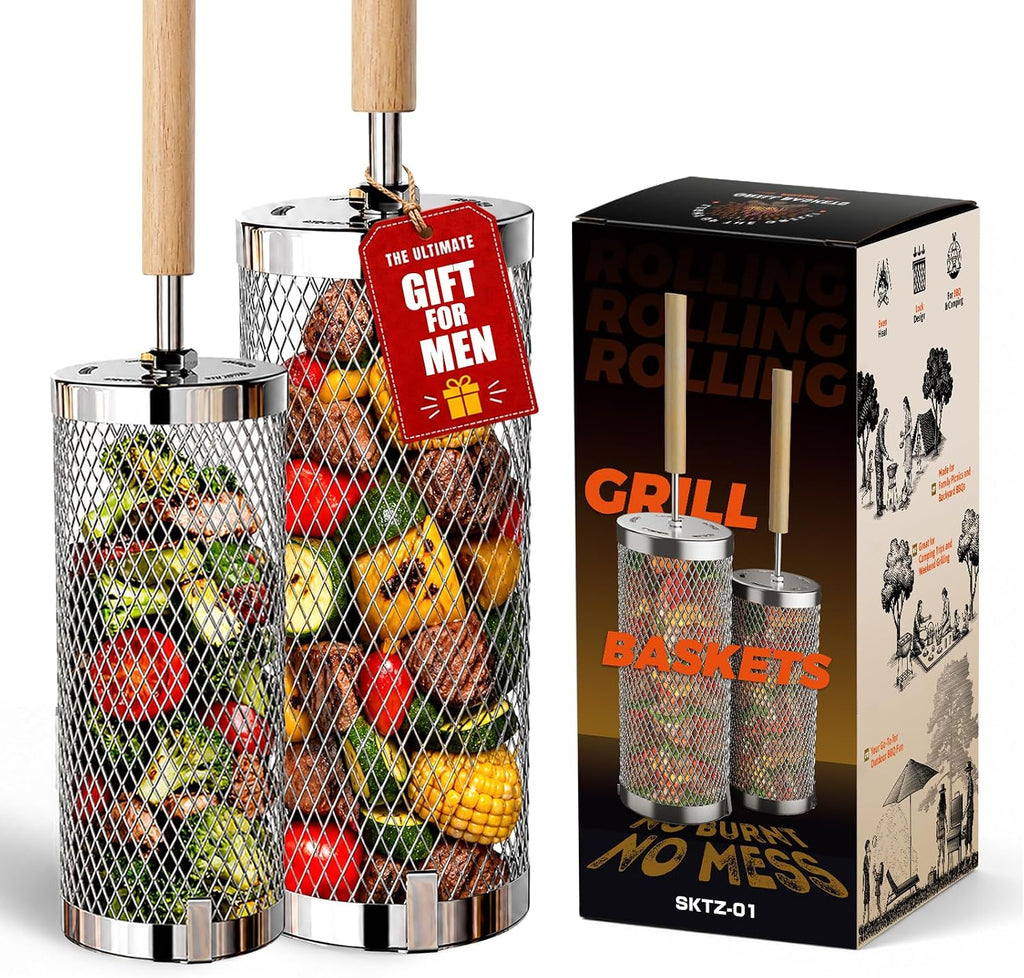 Rolling Grill Basket 2-Pack,304 Stainless Steel Grill Basket with Removable Wooden Handle,BBQ Tool & Smoker Accessory for Grill Rotisseries Veg & Shrimp,Ideal for Outdoor Cooking,Camping & Gifts for Dad/Husband/Men